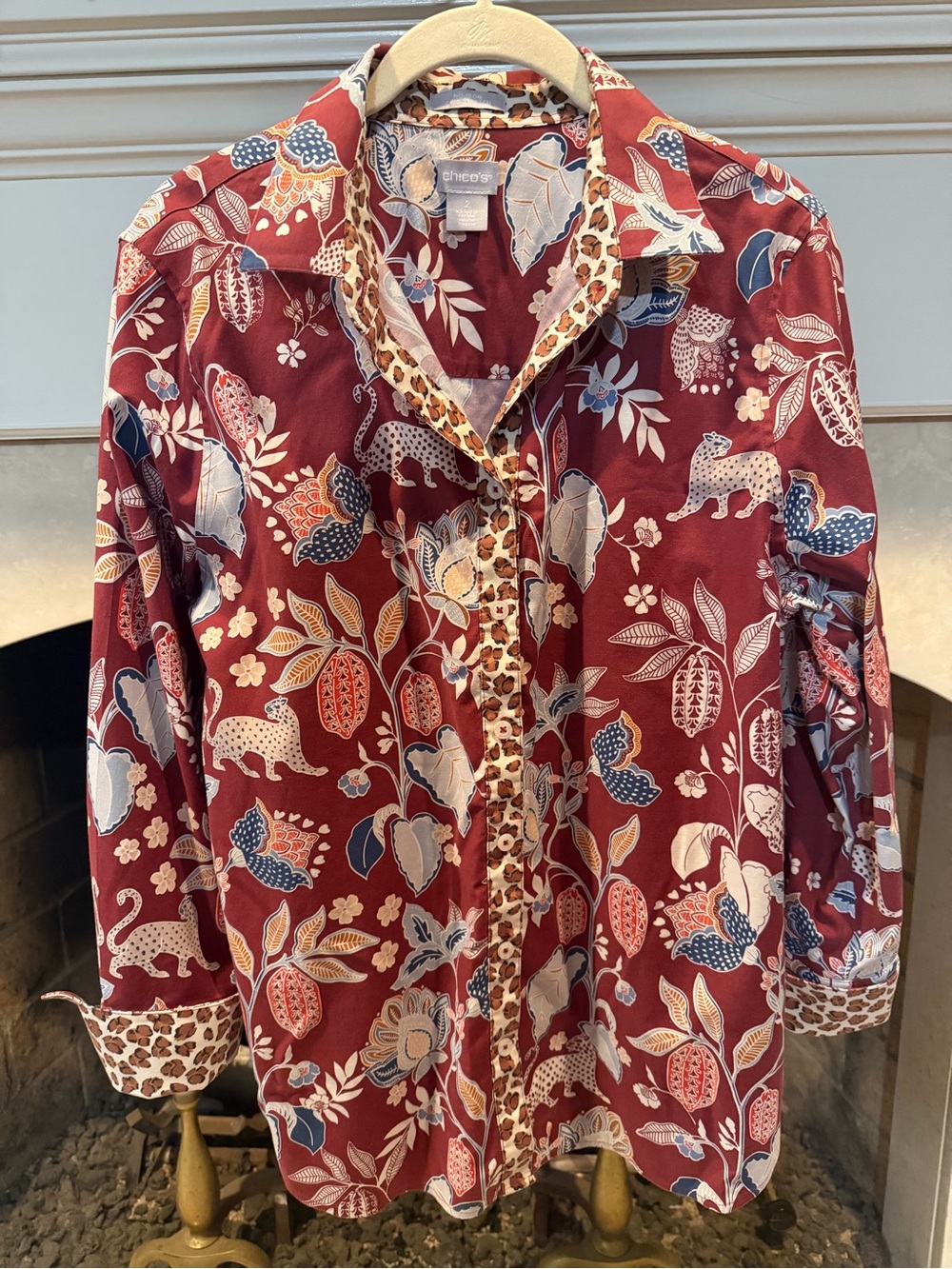 Chico's Burgundy Floral and Leopard Print and Design Button Front Cuffed Top Lrg